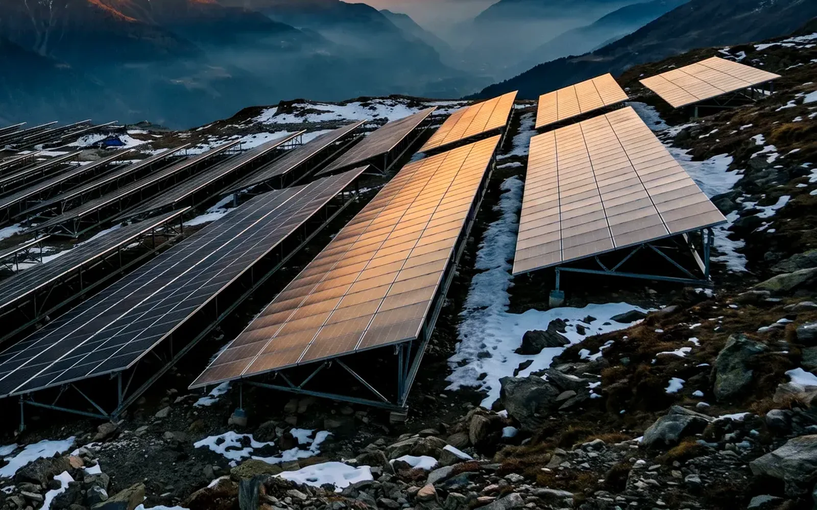 Modulreihen einer alpinen Photovoltaikanlage mit Schneeresten