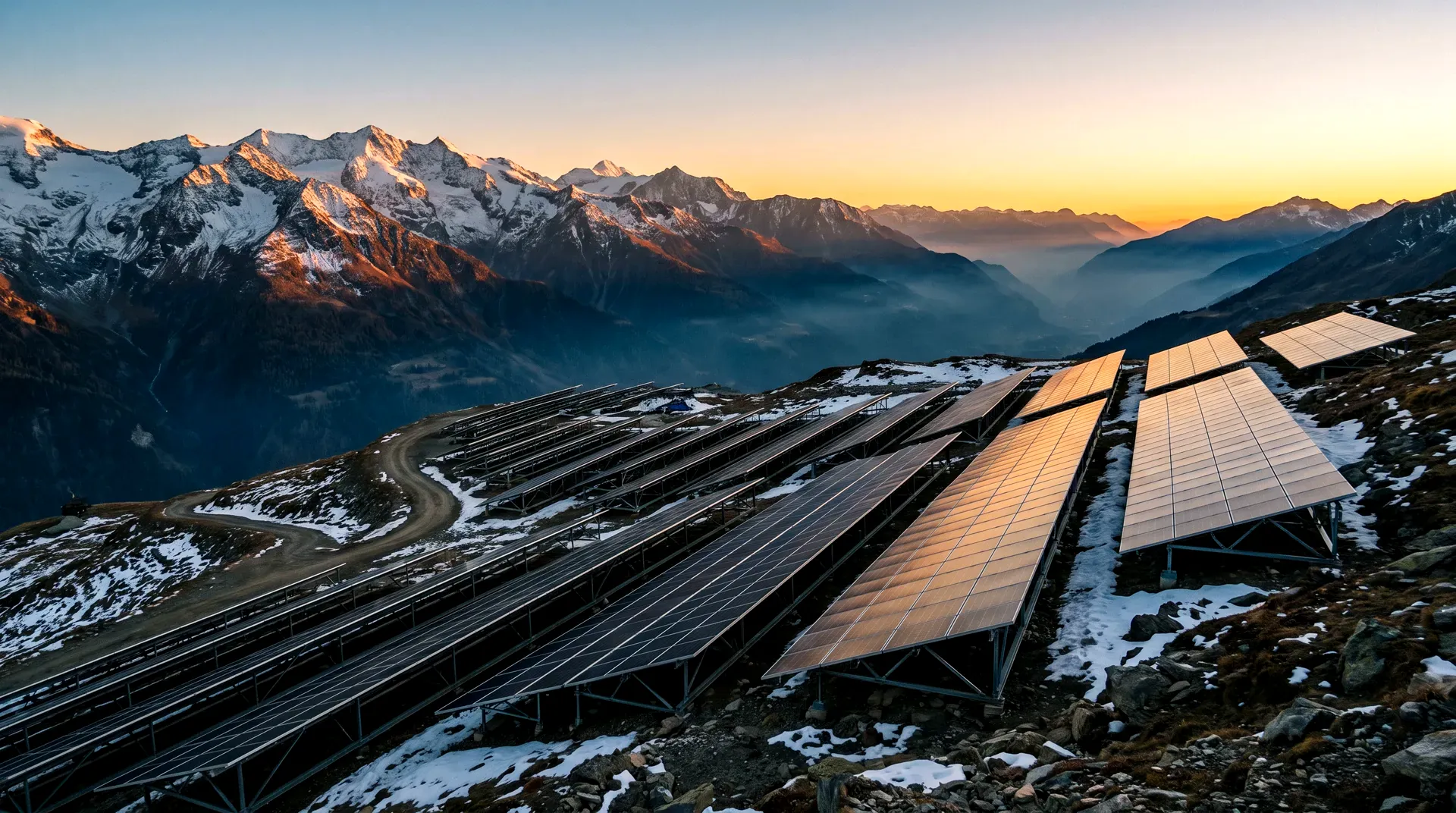 Grossformatige Solarmodule auf einer Freifläche vor einer Bergkette