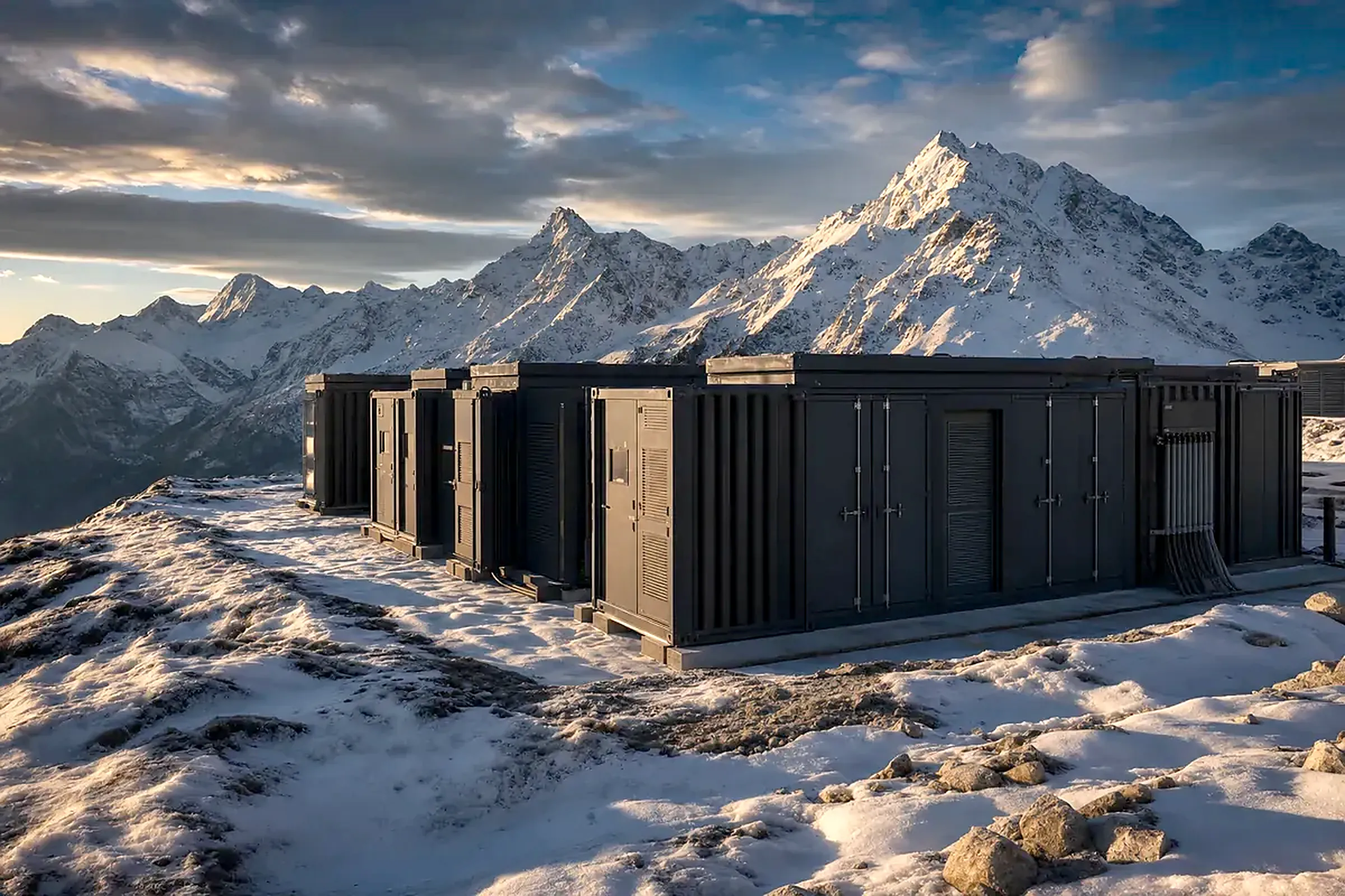 Containerspeicher in verschneiter Berglandschaft