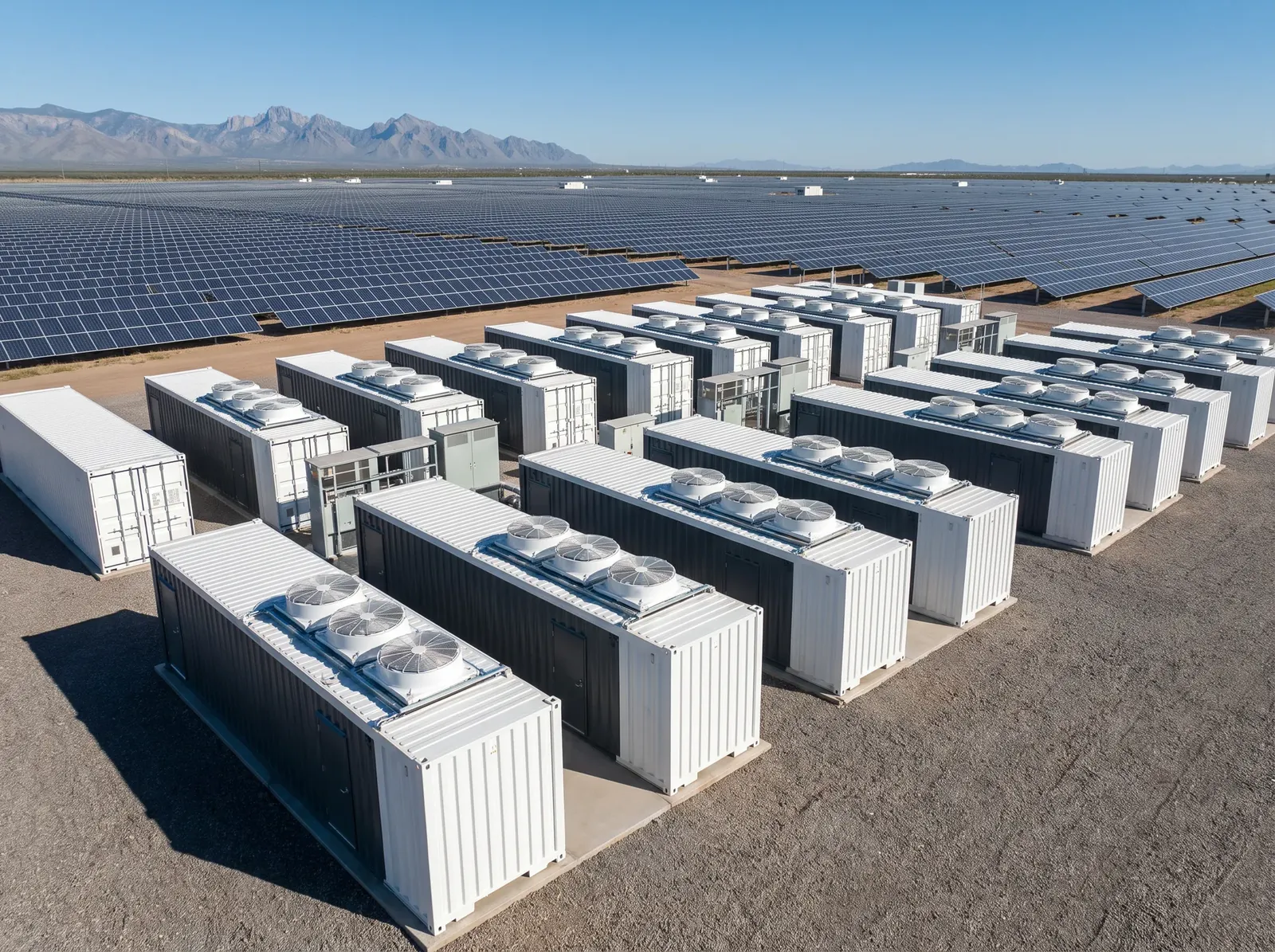 Batteriespeicherpark neben einer Solaranlage